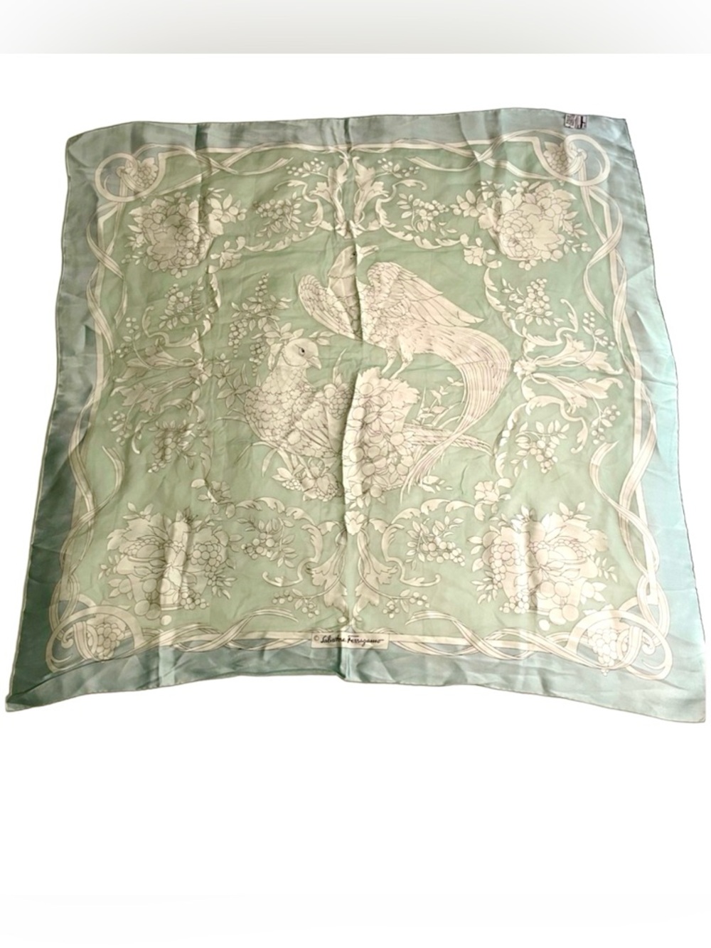 Salvatore Ferragamo Vintage Mint Green Birds and Flowers Semi Sheer Scarf